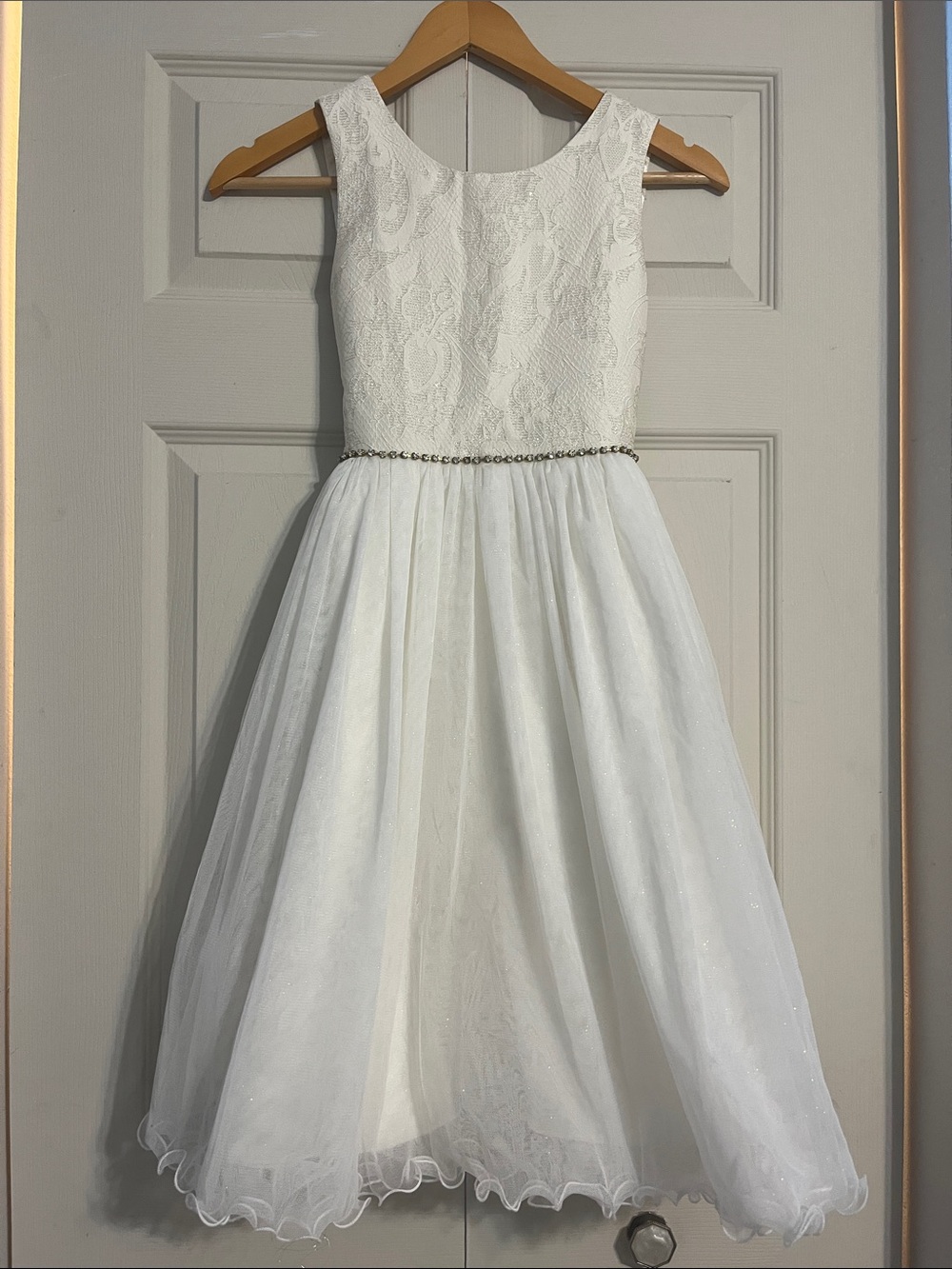American Princess White Lace Tulle Flower Girl Dress with Beaded Waistband